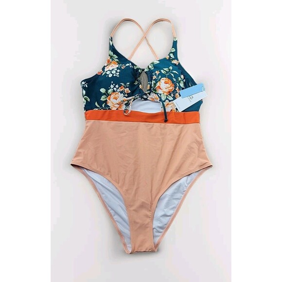NEW - CUPSHE Floral One Piece Swimsuit Green Peach Cut Out High Leg XL - Picture 1 of 10